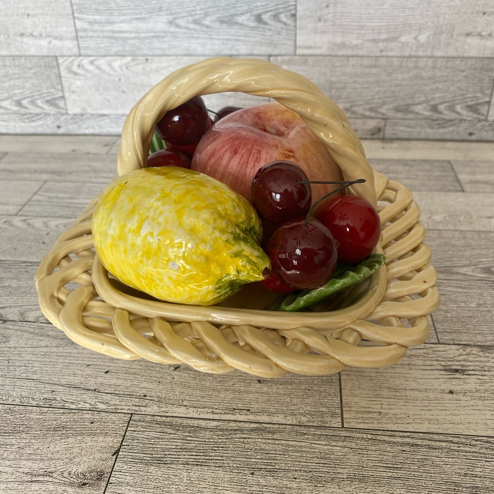 Vintage MCM Porcelain Bassano Italy Realistic Fruit in Woven Basket‎ Centerpiece